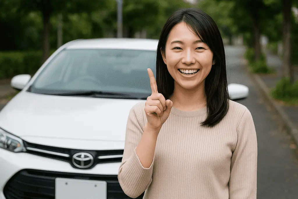 車の前で人差し指を立てる女性