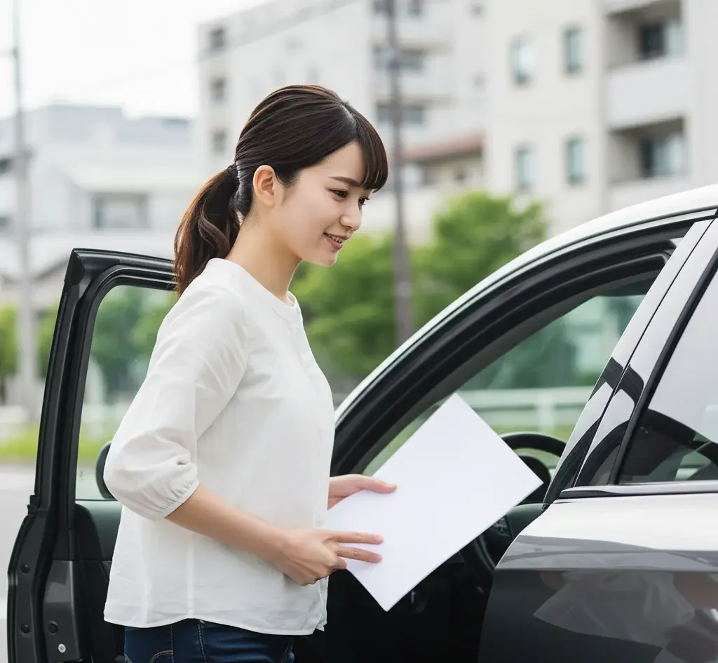 車に書類を置く女性