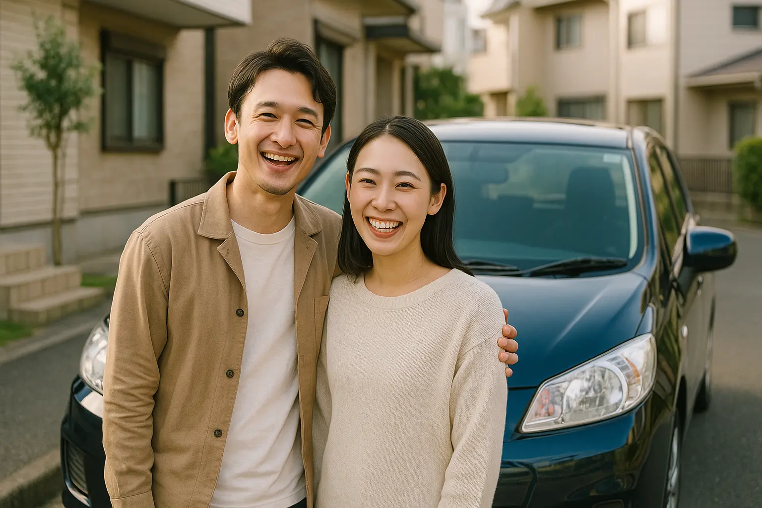 車の前で笑顔の夫婦